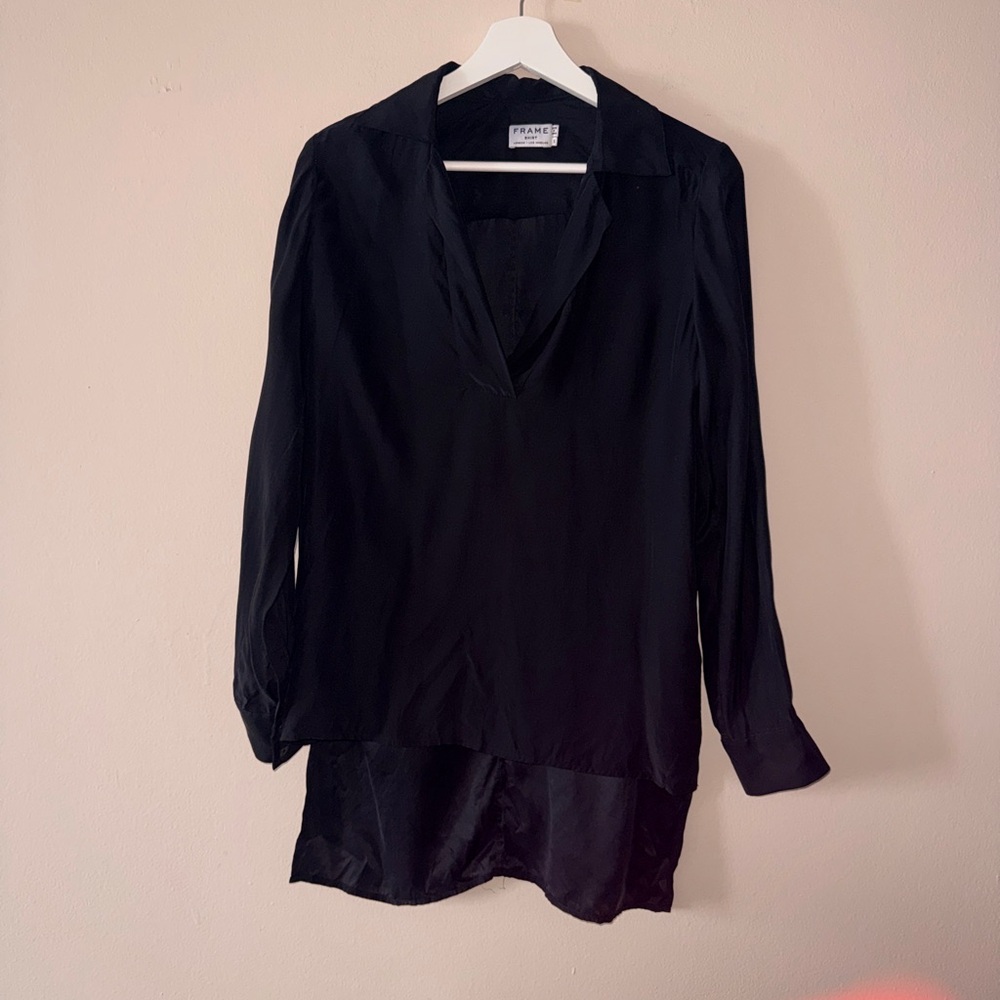 Frame Denim Silk Black Long Sleeve Blouse